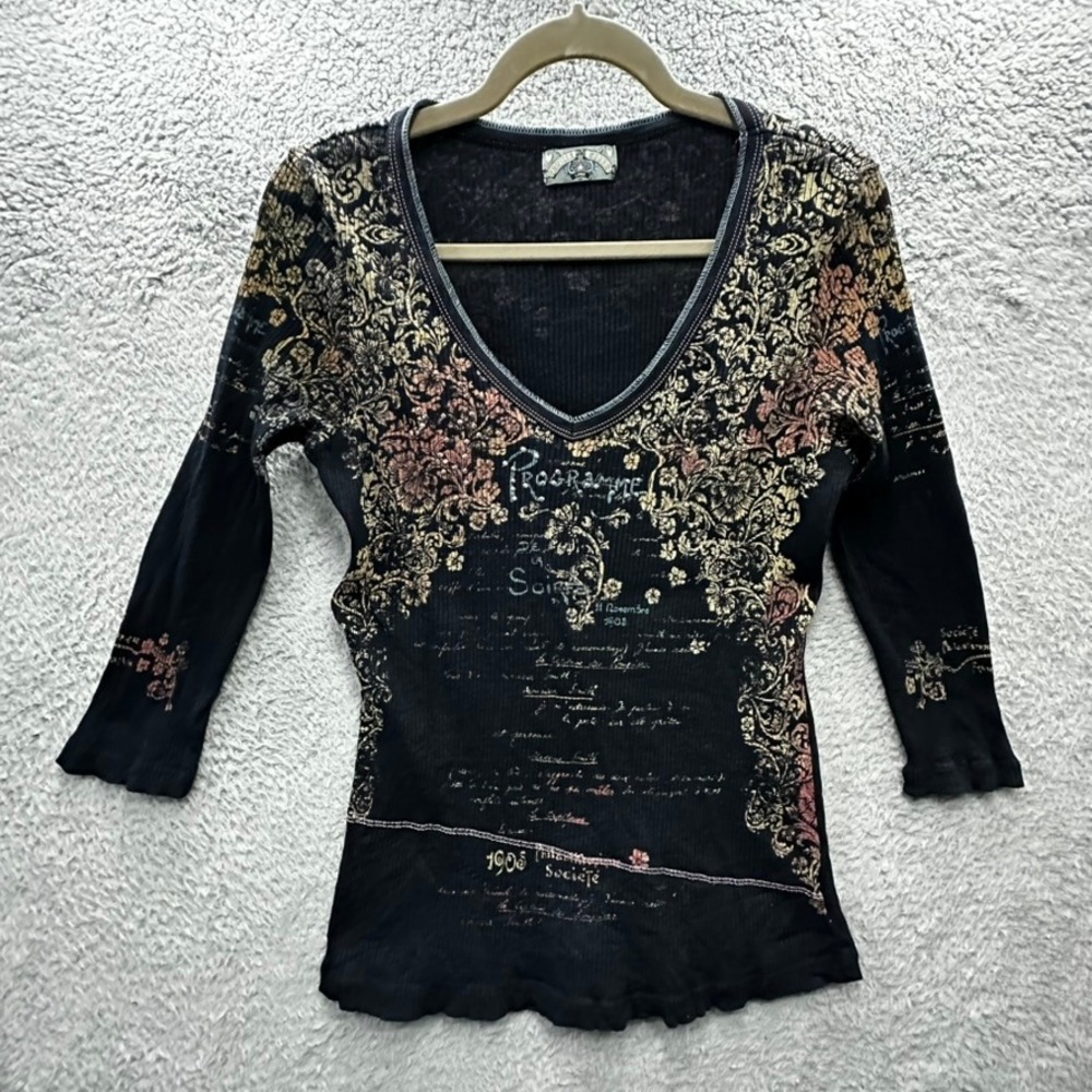 Vanilla Sugar Womens Large Y2K Ribbed Graphic Top Black Floral Rhinestone V-Neck